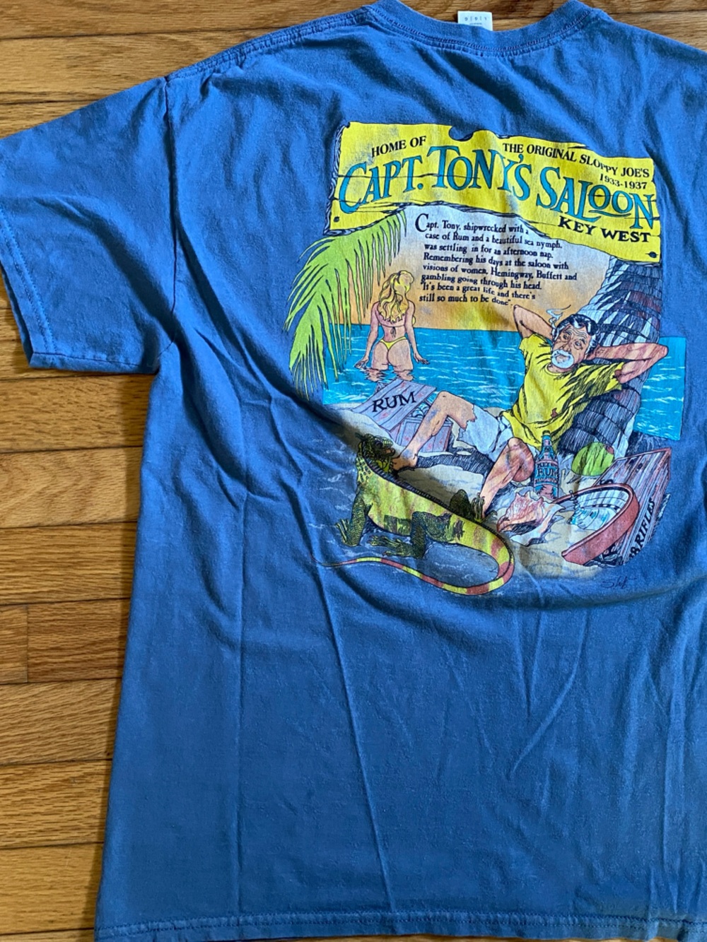 Gildan Blue Short Sleeve Tee with Yellow & Green Tropical Saloon Graphic